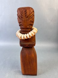 Pacific Islander Wood Carving With Shell Necklace.