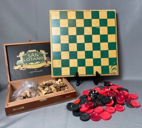 Mixed Lot Of Old Chess Pieces, Board And Checker Pieces