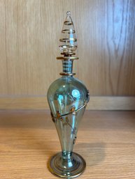Bohemian Light Green Irridecent Perfume Bottle With Metal Accent Overlay