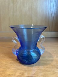 Blue Handblown Two Handled Vase