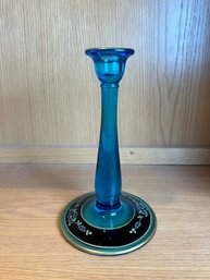 Vintage Turquoise Tall Candlestick With Handpainted Design