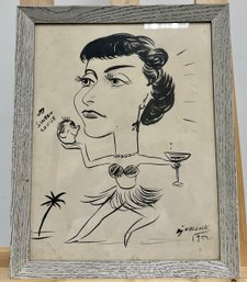 Vintage Caricature Original 1952s Artwork -Lady With Drink And Holding Head Of Man