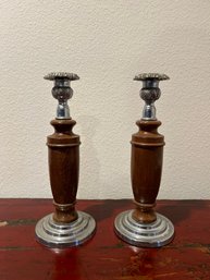 Pair Of Wood And Silverplate Candlesticks