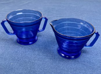 Hazel Atlas Moderntone Cobalt Blue Sugar Bowl  Creamer