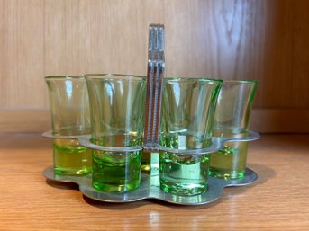 Vintage Green Shot Glasses And Metal Caddy