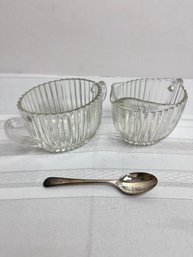 Glass Creamer & Sugar Bowl With Spoon Marked Harrods.