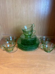 Set Of Green Glass Depression Glass Luncheon Set