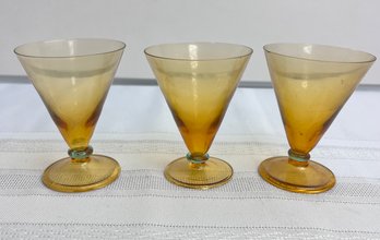 Vintage Amber And Green Ring Aperitif Glasses.