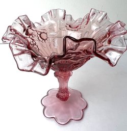 Vintage Pink Fenton Footed Compote Rose Pattern Fluted Ruffled Dish