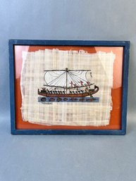 Framed And Signed Egyptian Boat On Papyrus Paper.