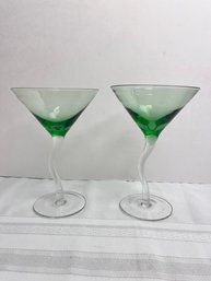 2 Vintage Green & Clear Wavy Stem Martini Glasses. Local Pickup