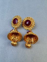 Pair Of Gold Tone Red Glass Bell Earrings.