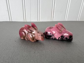 Pair Of Rhodonite Stone Rabbits