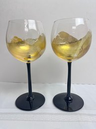 2 Hand Painted Signed Black Stem Gold Trim Goblets. -local Pickup