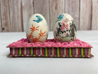 Vintage Pair Of Hand Painted Asian Floral Real Eggs On Stand