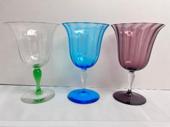 Rare Optic Rib Steuben Stemware, Amethyst, Blue Celeste & Celadon