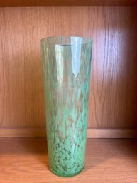 Tall Green Speckled Art Glass Cylinder Vase - Poland