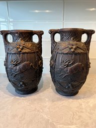 2 Antique German Chalk Ware Urns With Embossed Stags.  *Local Pick Up Only*
