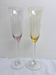 2 Etched Glass Champagne Flutes.