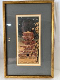 Vintage Asian Winter Pagoda Wood Art