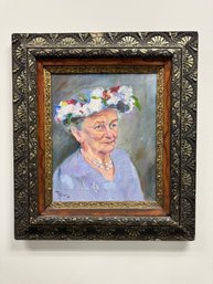 Vintage Oil Painting Of Old Lady In Ornate Frame