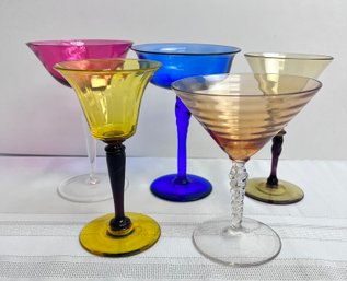 5 Vintage Multicolor Wine/cocktail Glasses - 2 Signed Stueben, Remaining Believed To Be Stueben