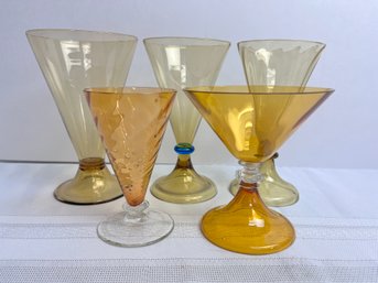 5 Vintage Yellow & Hued Glasses - 2 Signed Stueben, Remaining Believed To Be Stueben