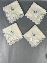 Beautiful Napkins With Flowers And Blue Trim Set Of 4