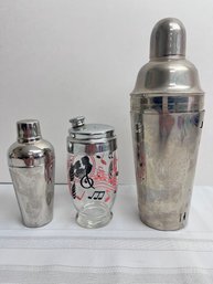 3 Drink Mixers/stainers, Small Chrome, Glass With Musical Motif And Pottery Barn With Recipes Embossed.