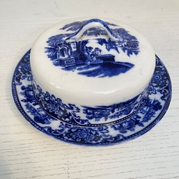 Porcelain Flow Blue Covered 3 Piece Butter Dish Grindles Made In England
