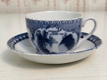 Antique Flow Blue Porcelain Tea Cup And Saucer Seattle Souvenir Set Geo Bowman USA MADE