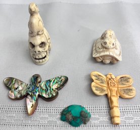 4 Asian Style Fetishes, Butterfly Of Abalone & Coral, Dragonfly, Skull & Rat, Turtle & Frog.