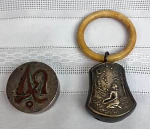 Ancient Baby Rattle With Bone Handle Marked 90 On Botom & Silver Plate & Copper Pillbox.