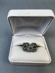 Silver Tone & Aquamarine Glass Ring Size 6.75.