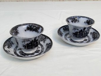 Vintage Set Of 2 Flow Black Ironstone Challinor Cup & Saucer Sets