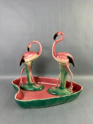 2 Porcelain Flamingo Figurines In Planter Bowl -rare