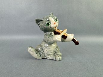 Vintage Goebel Tabby Cat Playing The Fiddle, West Germany