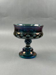 Indiana Glass Blue Iridescent Kings Crown  Carnival  Compote