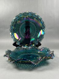 Indiana Blue Iridescent Carnival Glass Diamond Point Star Ruffle 10 In Plate