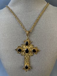 Marked 925 Cross Medallion With Red Stones On Gold Tone Necklace.