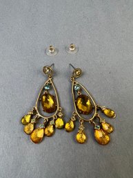 Gold Tone Multi Color Stone Dangle Earrings.