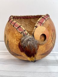 Juliette Ralph Hand Colored Desert Gourd With Pheasant Feathers.