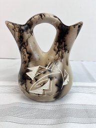 All Tribe Silver Horse Hair Double Spout Pottery Vase. Signed.