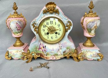 Vintage Japy Freres French Porcelain And Bronze Mantle Clock And Clock Garniture