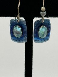 Metal And Blue Stone Pierced Earrings