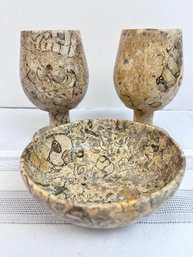 Natural Coral Stone Bowl & 2 Goblets From Pakistan.