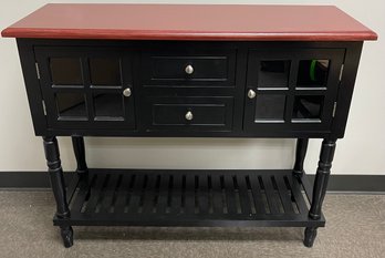 Console/Sideboard Black  With Mahogany Stained Top And Glass Doors