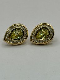 Christian Dior Gold Tone Pierced Earrings With Green Stone