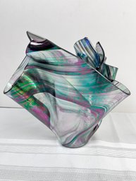 Signed Folded Glass Iridescent Art Vase. -Local Pickup