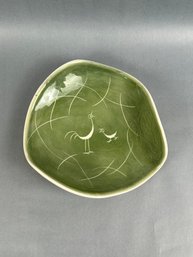 Green Glazed Freeform Dish With Rooster Accent